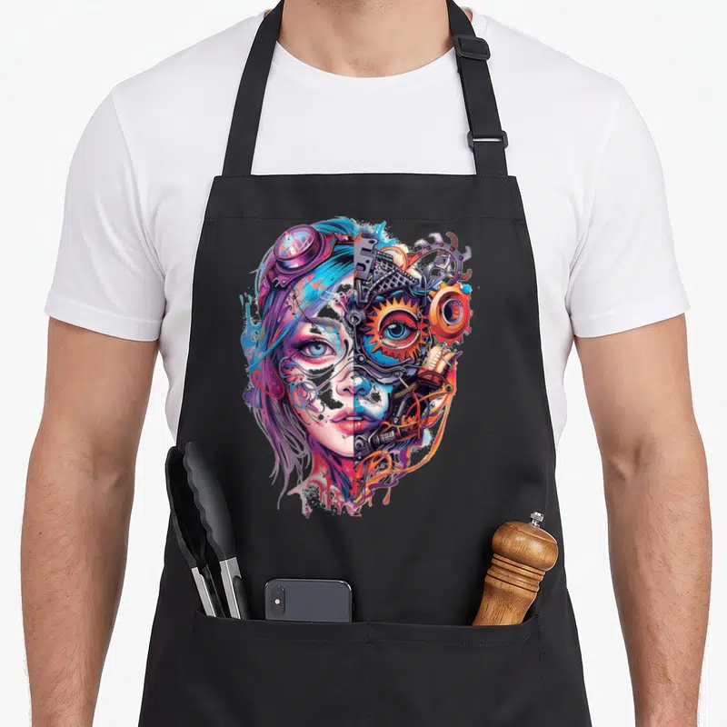 Tablier de cuisine noir avec illustration colorée d'un visage hybride mécanique et organique au style anime cyberpunk.