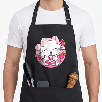 Tablier de cuisine noir avec un chat blanc kawaii buvant une boite de lait de fraise rose entourée de fraises rouges.