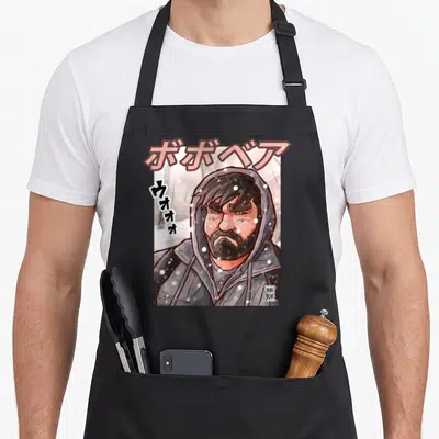 Tablier de cuisine noir avec illustration Bobo Bear en « hoodie » sous la neige et texte japonais rose