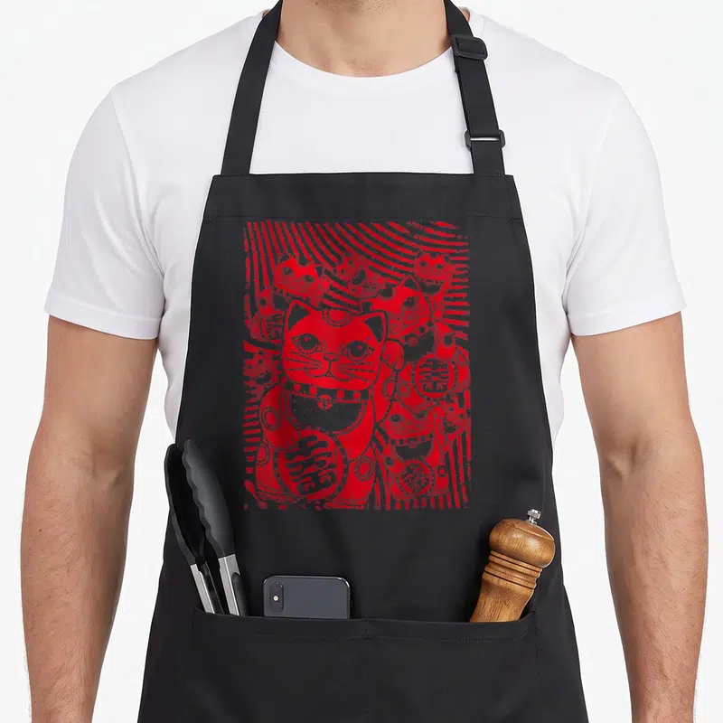 Tablier de cuisine noir avec illustration rouge d'un Maneki Neko kawaii entouré de petits chats et de rayons solaires en style rétro.