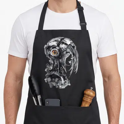 Tablier de cuisine noir avec illustration d'une cyborg femme robot style manga et œil orange.