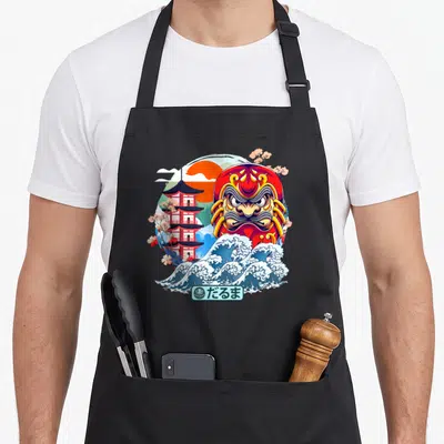 Tablier de cuisine noir avec illustration d'un Daruma rouge, d'une vague bleue et d'une pagode japonaise.