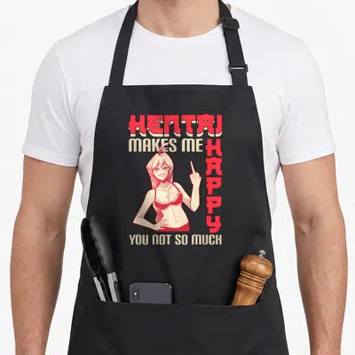 Tablier de cuisine noir avec une illustration de waifu en bikini et texte humoristique en rouge et beige.