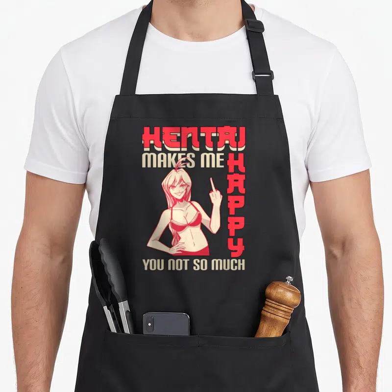 Tablier de cuisine noir avec une illustration de waifu en bikini et texte humoristique en rouge et beige.