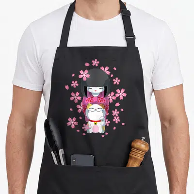 Tablier de cuisine noir avec une poupée Kokeshi et un chat maneki-neko sous des fleurs de sakura roses.