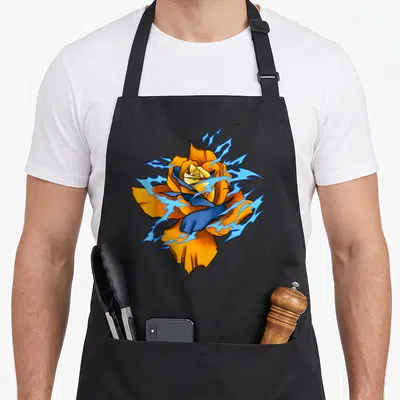 Tablier de cuisine noir avec une rose orange et des éclairs bleus stylisés manga.