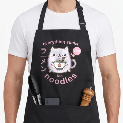 Tablier de cuisine noir avec un chat blanc tenant un bol de ramen et du texte rose pastel.