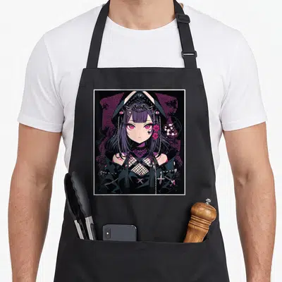 Tablier de cuisine noir avec illustration gothic waifu aux cheveux violets et accessoires métalliques