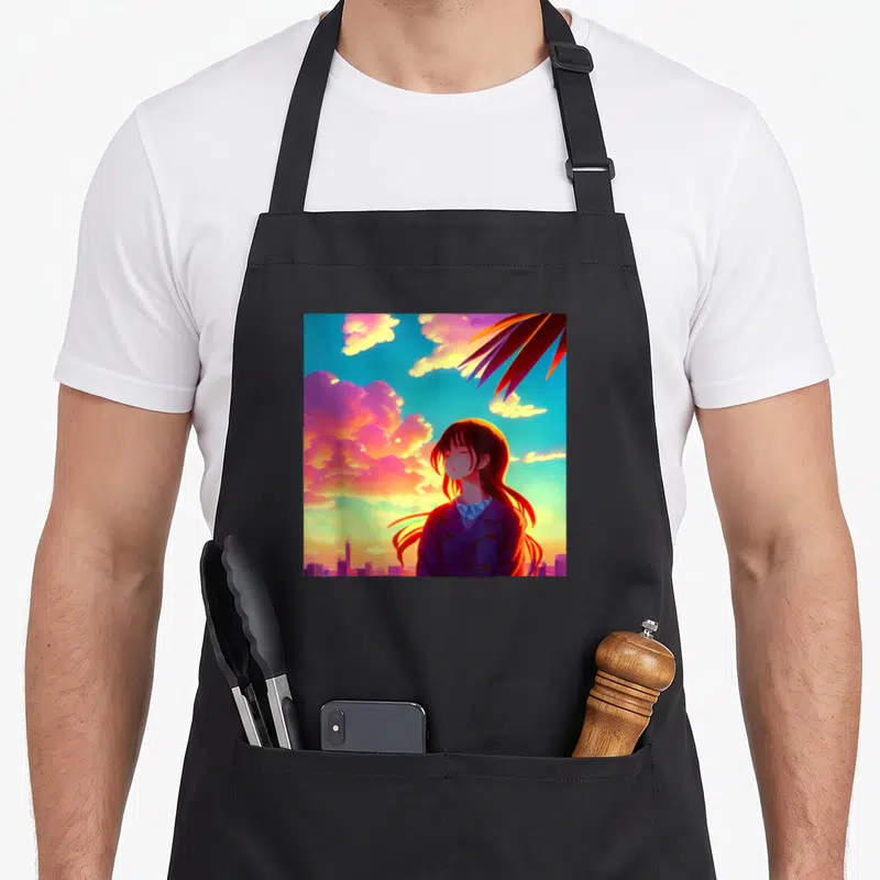 Tablier de cuisine noir avec illustration d'une fille kawaii sous un ciel vaporwave coloré au coucher du soleil.