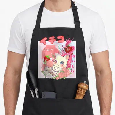 Tablier de cuisine noir avec un chat blanc mignon, des roses roses, une fraise et du texte japonais sur fond vaporwave pastel.