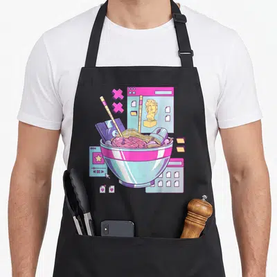 Tablier de cuisine noir avec illustration colorée d'un bol de ramen entouré d'icônes informatiques vaporwave et d'une disquette purple.
