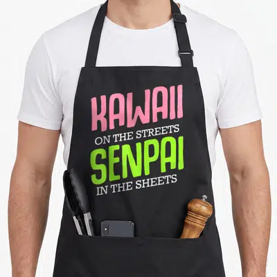 Tablier de cuisine noir avec inscription Kawaii On The Streets Senpai In The Sheets en rose et vert fluo.
