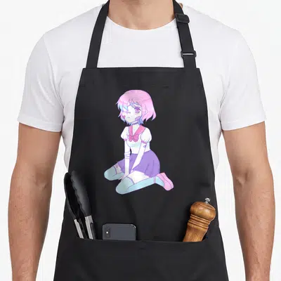 Tablier de cuisine noir avec une illustration d'une fille anime aux cheveux roses et bleus en tenue scolaire pastel.