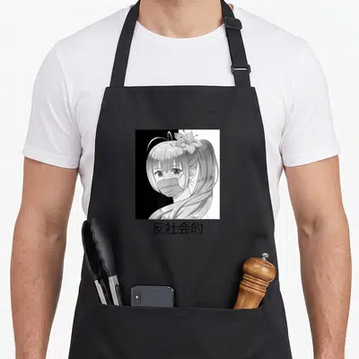 Tablier de cuisine noir avec illustration manga d'une fille masquée et caractères chinois en bas.