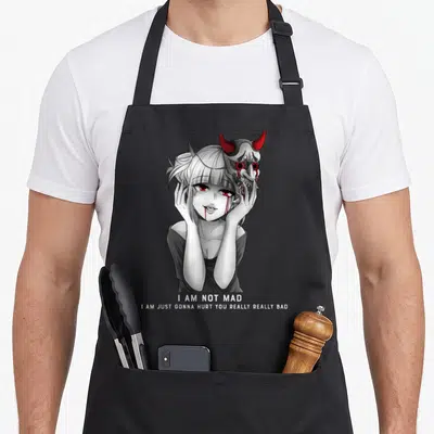 Tablier de cuisine noir avec illustration yandere et masque Oni rouge aux yeux sanglants.