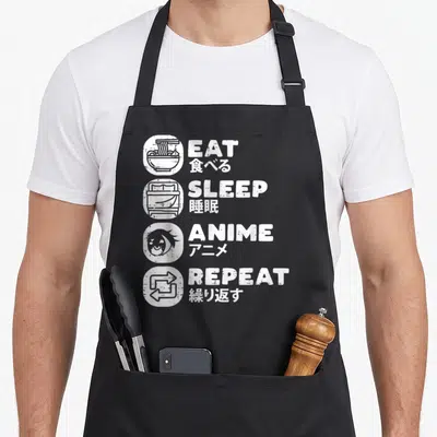 Tablier de cuisine noir avec motifs blancs Eat Sleep Anime Repeat et symboles japonais