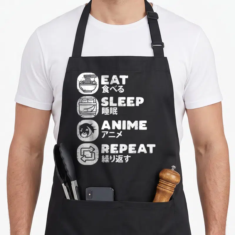 Tablier de cuisine noir avec motifs blancs Eat Sleep Anime Repeat et symboles japonais