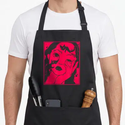 Tablier de cuisine noir avec illustration rose fuchsia style manga Harajuku et petits chats gris.