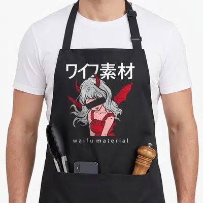 Tablier de cuisine noir avec illustration waifu aux cornes rouges et texte waifu material