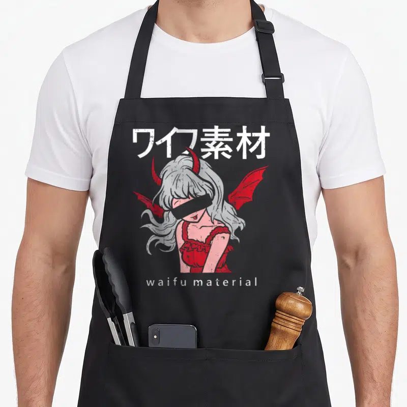 Tablier de cuisine noir avec illustration waifu aux cornes rouges et texte waifu material