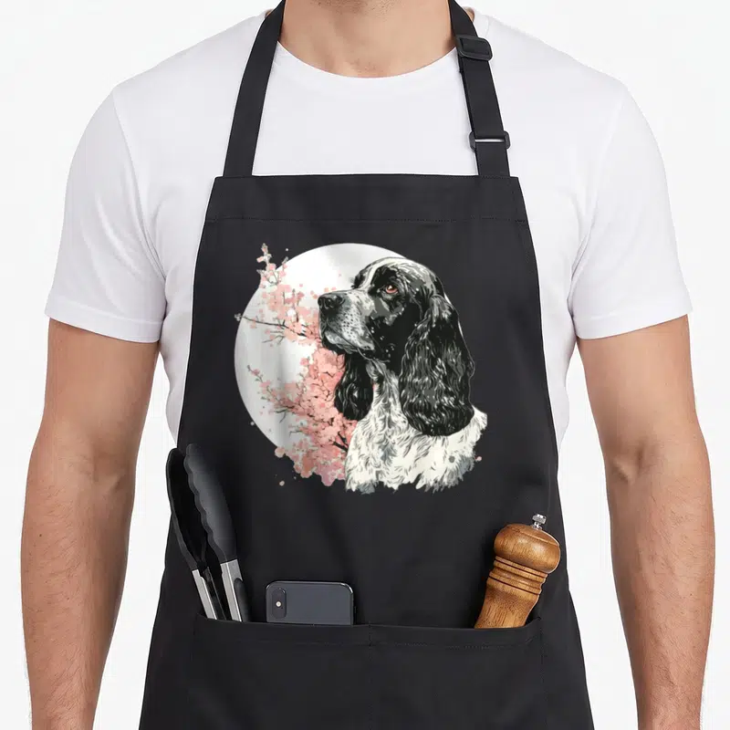 Tablier de cuisine noir avec portrait de Cocker anglais entouré de branches de Sakura roses sur fond circulaire blanc.