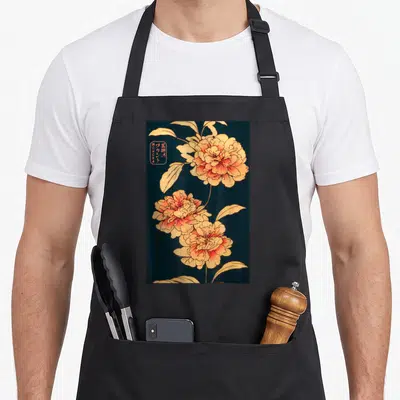 Tablier de cuisine noir avec illustration de pivoines japonaises et étiquette calligraphiée.