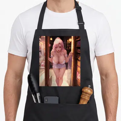 Tablier Anime Manga Femme 58 — sur un tablier de cuisine noir, fond blanc