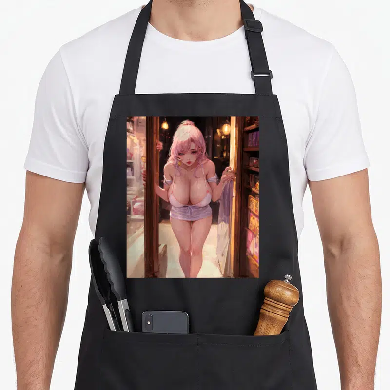 Tablier Anime Manga Femme 58 — sur un tablier de cuisine noir, fond blanc