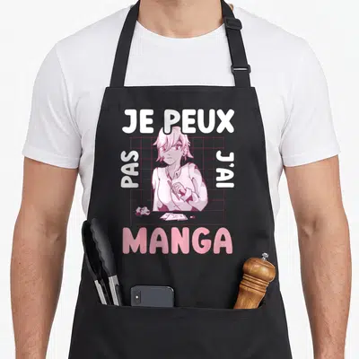 Tablier de cuisine noir avec illustration rose d'une fille au crayon et texte Je peux pas j'ai manga.