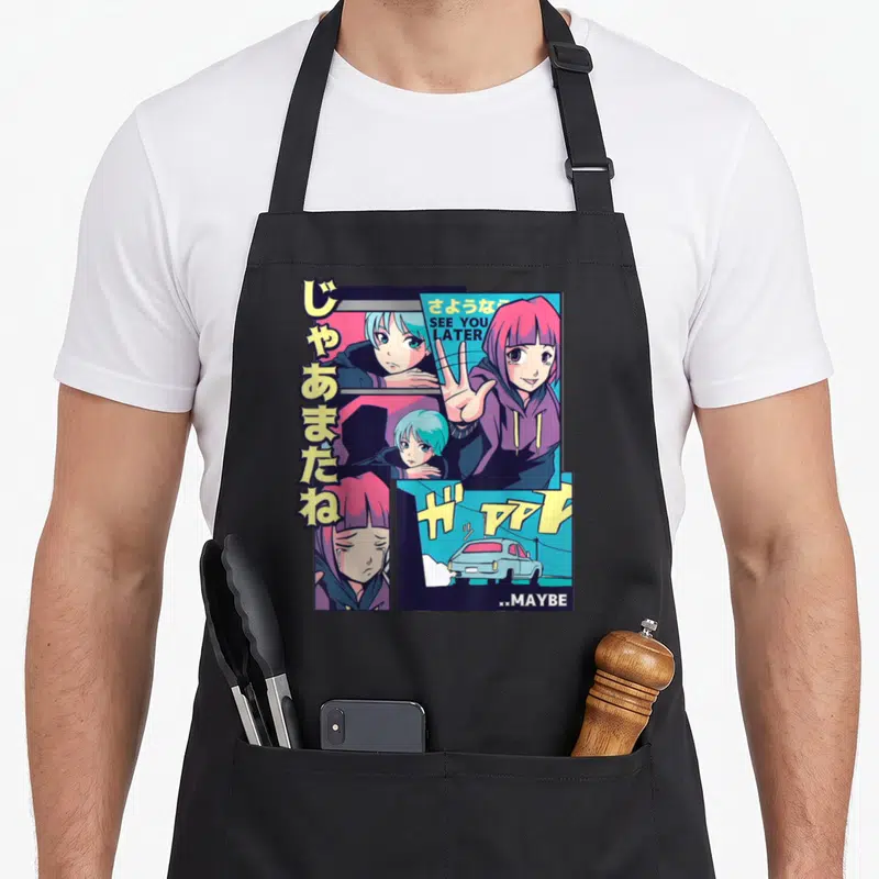 Tablier de cuisine noir avec illustration manga couleur personnages et texte See You Later Maybe