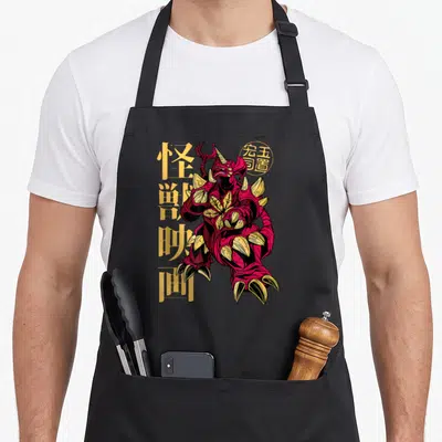 Tablier de cuisine noir avec illustration d'un monstre kaiju rouge et de kanjis jaunes verticaux.