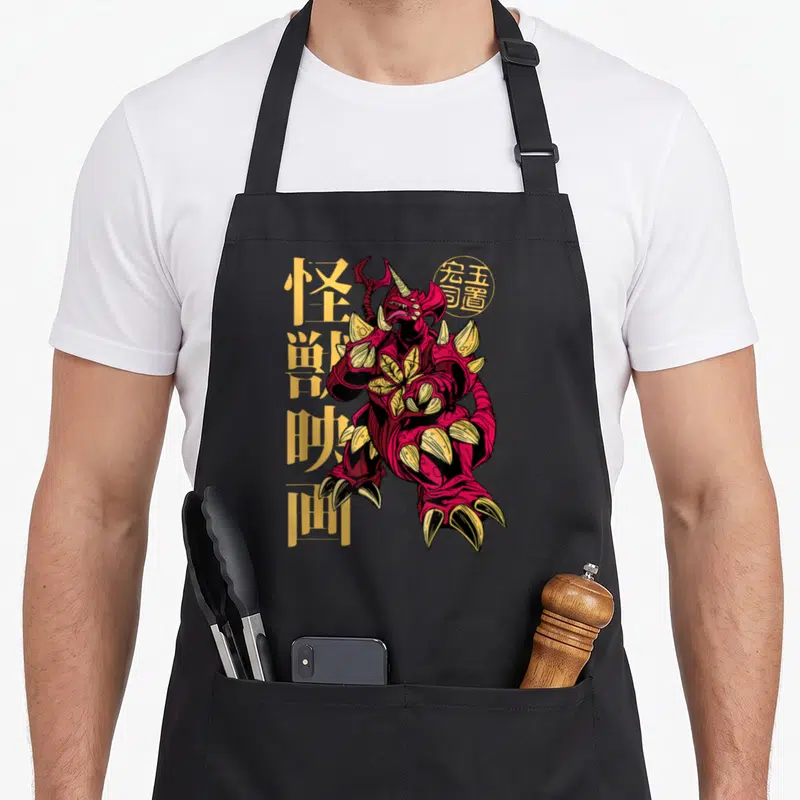 Tablier de cuisine noir avec illustration d'un monstre kaiju rouge et de kanjis jaunes verticaux.