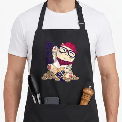 Tablier de cuisine noir avec un chat maneki-neko hipster portant des lunettes et un béret rouge au milieu de pièces d'or.