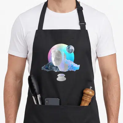 Tablier de cuisine noir avec buste classique, grille 3D, lune et paysage néon dans un style collage vaporwave.