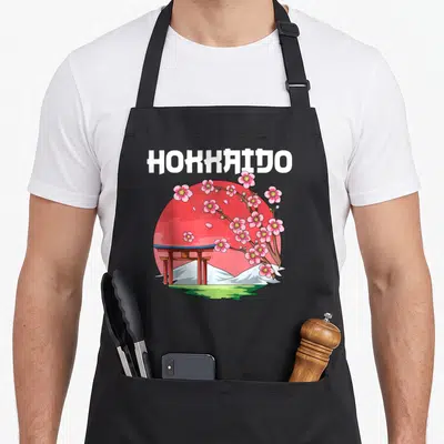 Tablier de cuisine noir avec illustration d'un torii, de sakura et le mot Hokkaido sur fond de soleil rouge.