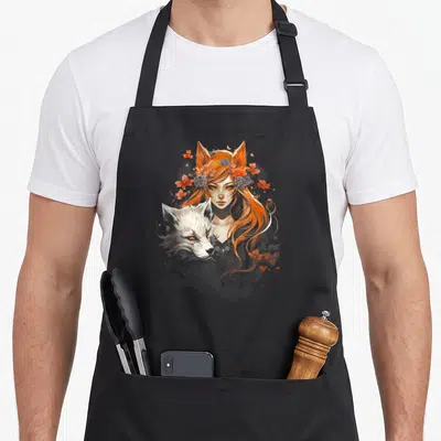 Tablier de cuisine noir avec illustration d'une Kitsune aux cheveux orange et un loup blanc aux yeux rouges.