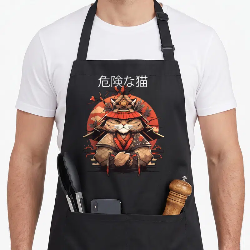 Tablier de cuisine noir avec illustration d'un chat samouraï au style ukiyo-e et soleil rouge en arrière-plan.