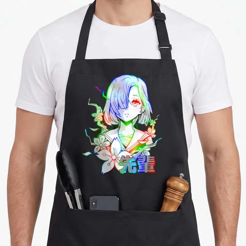 Tablier de cuisine noir avec illustration colorée d'une fille anime Trippy Senpai et des fleurs au design graphique.