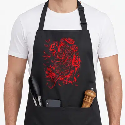 Tablier de cuisine noir avec illustration rouge d'un tigre japonais Irezumi et des fleurs de lotus.