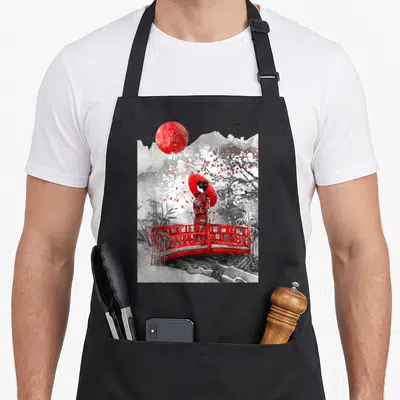 Tablier de cuisine noir avec illustration Geisha japonaise parapluie rouge pont et soleil rouge