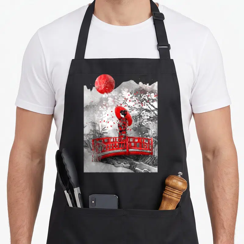 Tablier de cuisine noir avec illustration Geisha japonaise parapluie rouge pont et soleil rouge