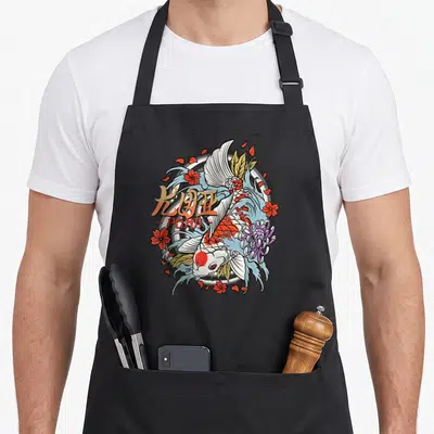 Tablier de cuisine noir avec illustration d'un poisson koi blanc et orange entouré de fleurs et de texte japonais.