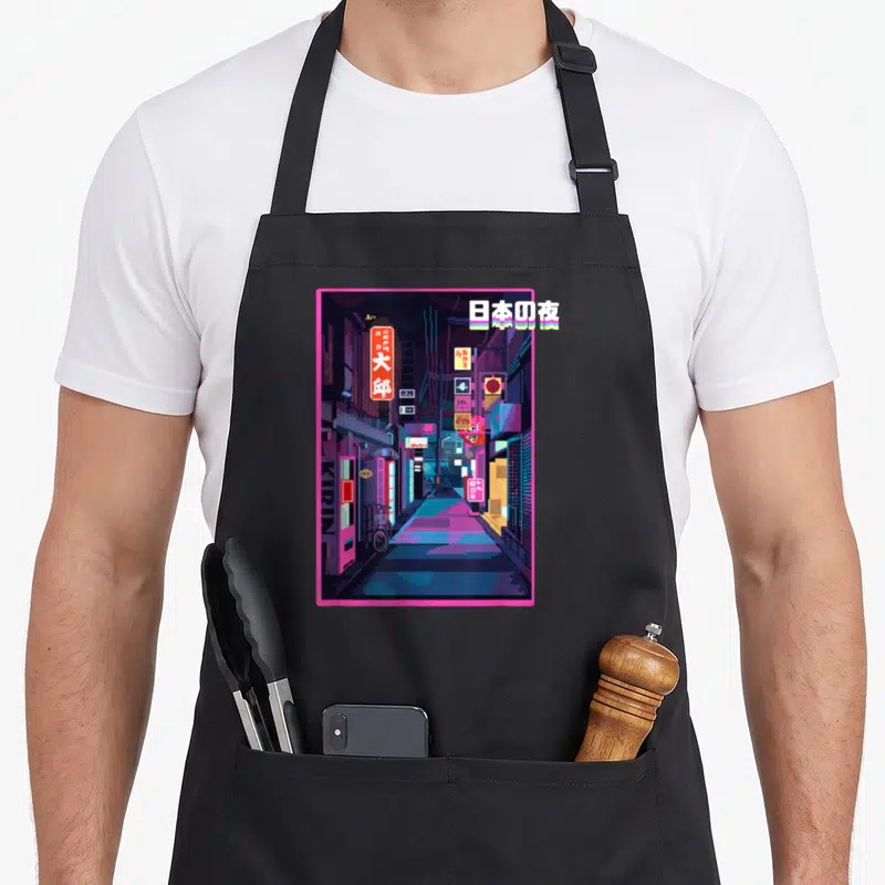 Tablier de cuisine noir avec illustration pixel art d'une rue japonaise nocturne aux néons et kanjis colorés.
