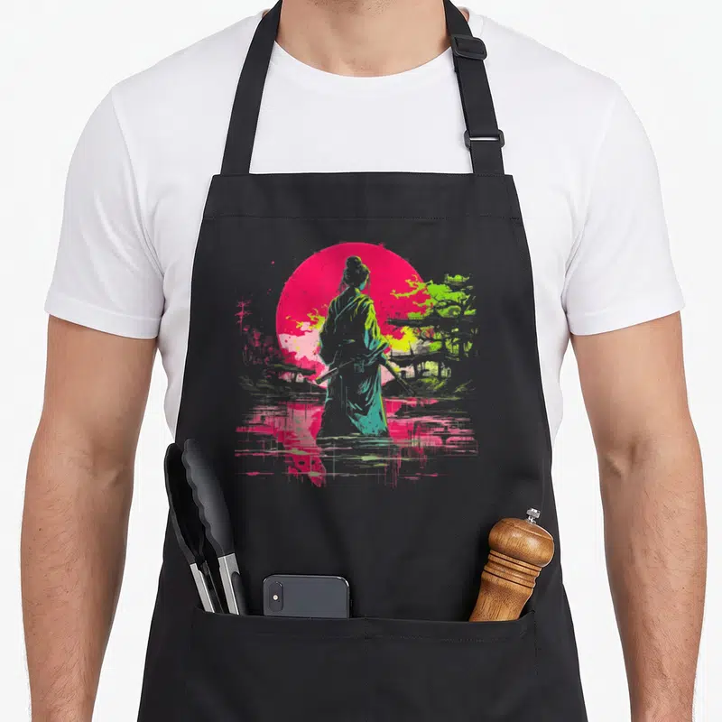 Tablier de cuisine noir avec une illustration de guerrier japonais devant un soleil rose et des arbres verts au style glitch.