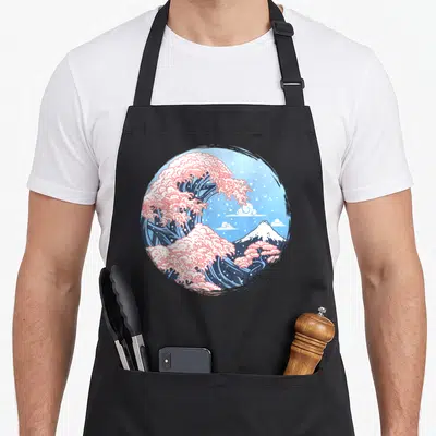 Tablier de cuisine noir avec illustration circulaire d'une vague rose et du mont Fujiyama sous la neige.