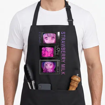 Tablier de cuisine noir avec trois écrans vintage affichant des personnages d'anime et le texte Strawberry Milk en violet.