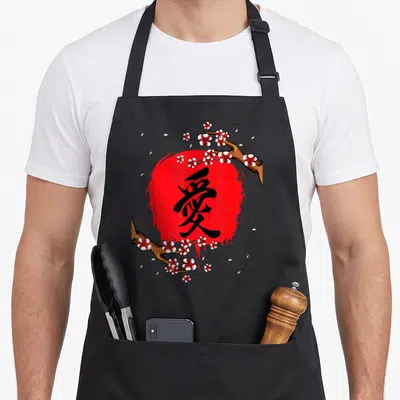 Tablier de cuisine noir avec kanji noir sur cercle rouge et branches de fleurs de cerisier blanches et roses.