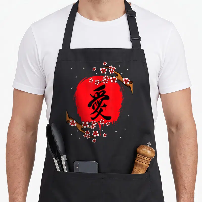 Tablier de cuisine noir avec kanji noir sur cercle rouge et branches de fleurs de cerisier blanches et roses.