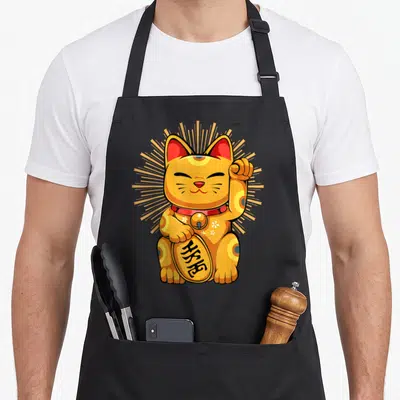 Tablier de cuisine noir avec un chat maneki neko orange tenant une pièce d'or dorée.