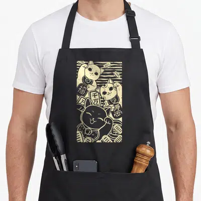 Tablier de cuisine noir avec trois Maneki Neko chats chanceux et symboles japonais beige
